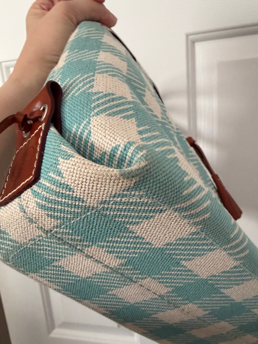 Dooney & Bourke Teal and Cream Plaid Canvas Small Tulip Tassel Tote - Picture 9 of 16